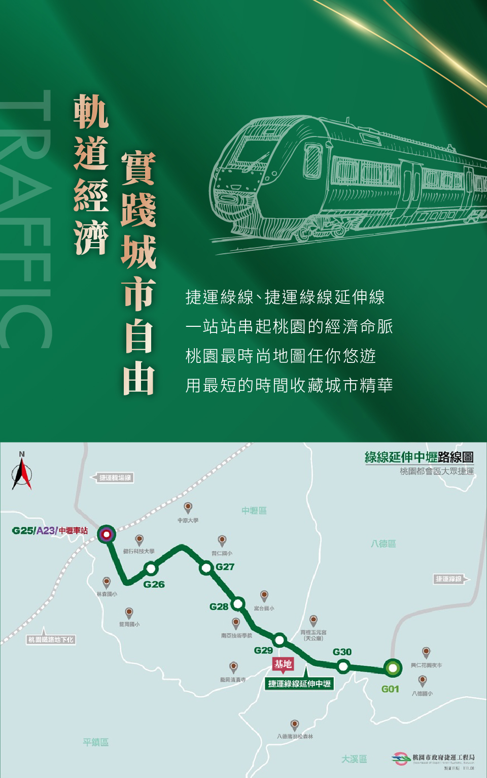軌道經濟實踐城市自由｜捷運綠線、捷運綠線延伸線，一站站串起桃園的經濟命脈，桃園最時尚地圖任你悠遊，用最短的時間收藏城市精華