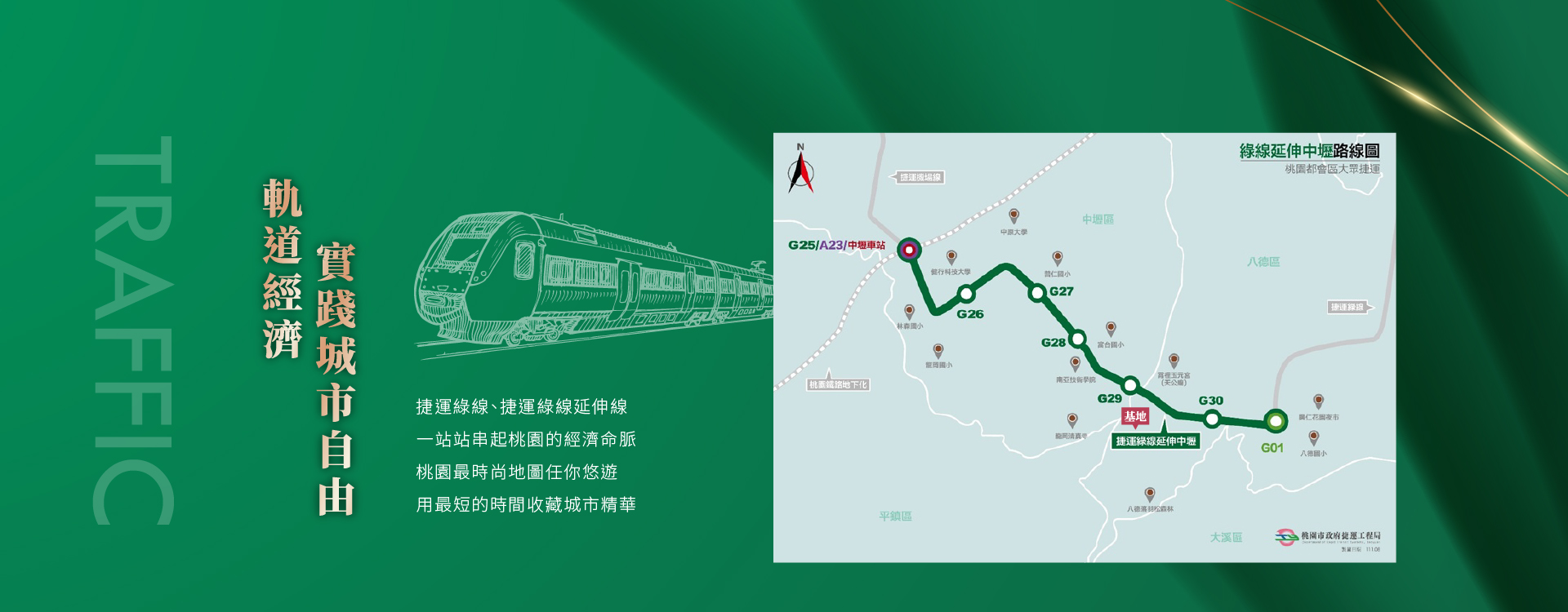 軌道經濟實踐城市自由｜捷運綠線、捷運綠線延伸線，一站站串起桃園的經濟命脈，桃園最時尚地圖任你悠遊，用最短的時間收藏城市精華